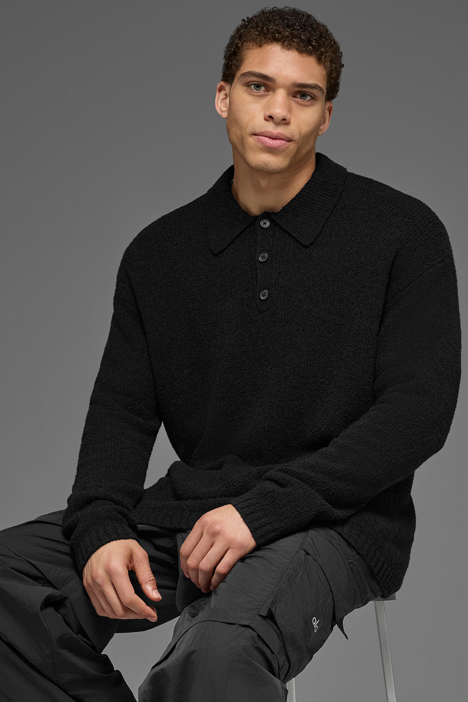 Textured Knit Long Sleeve Polo - Black