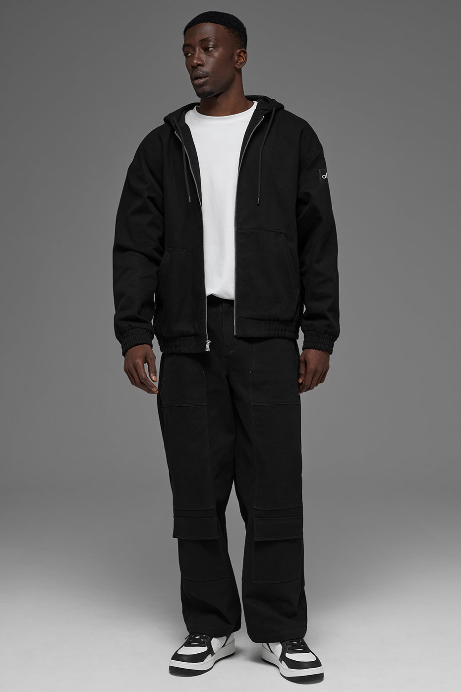Cotton Canvas Full Zip Hoodie - Black